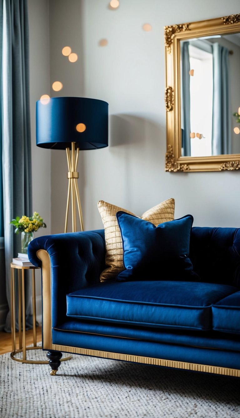A navy blue and gold velvet sofa with high-density cushions in a luxurious living room setting
