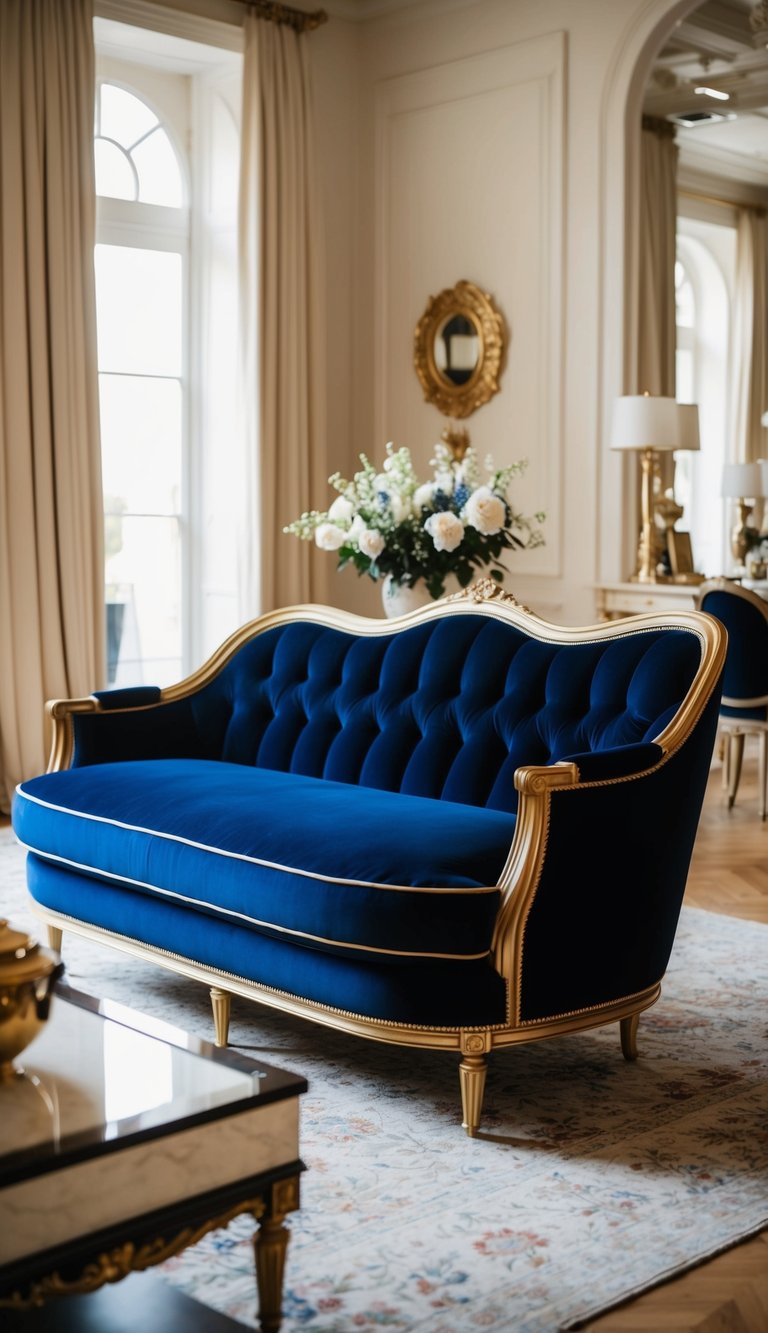 A luxurious navy blue velvet sofa with gold trim sits in an elegant living room