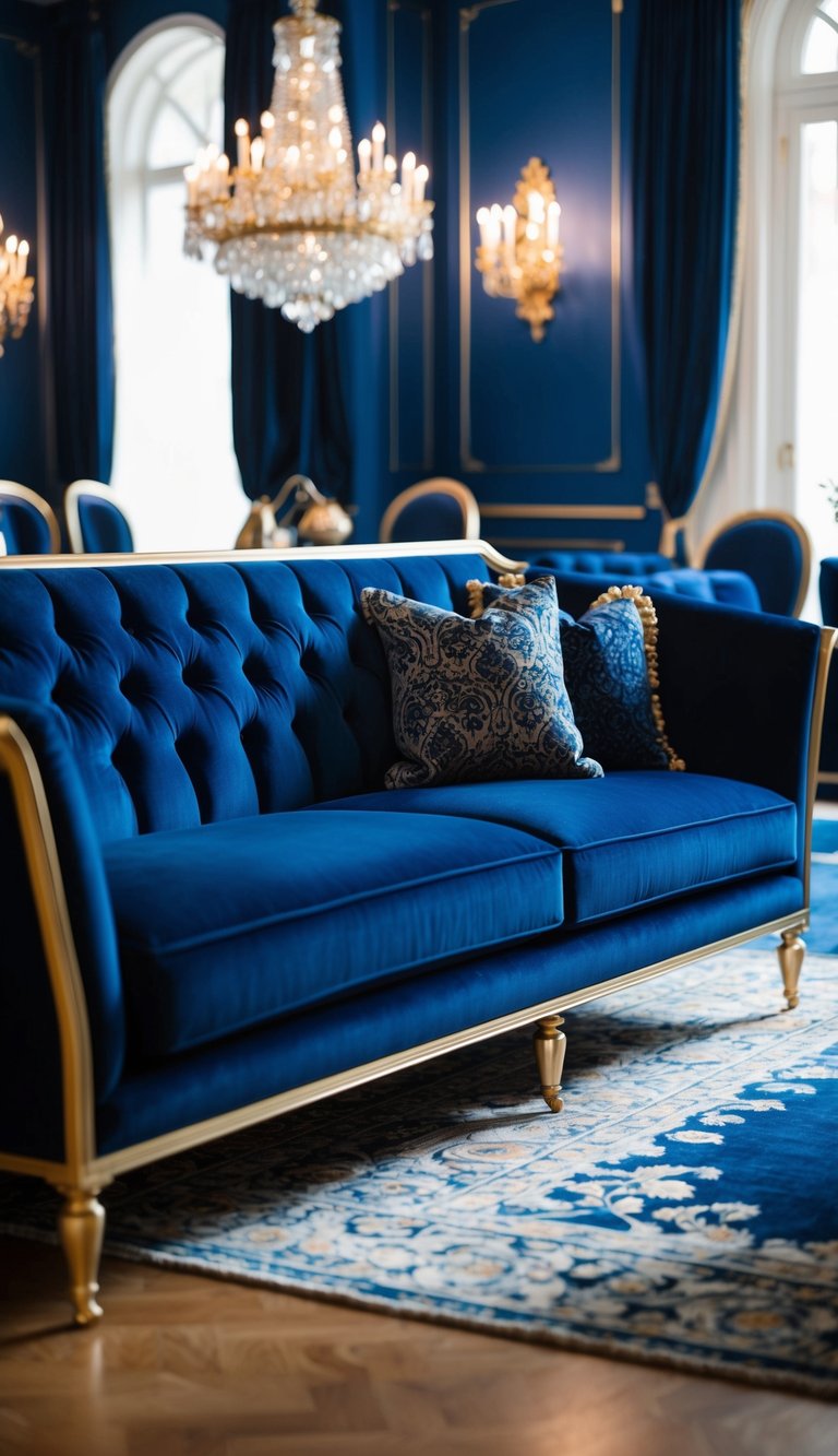 A plush navy blue velvet sofa with gold legs sits in an opulent living room, surrounded by rich navy blue and gold accents