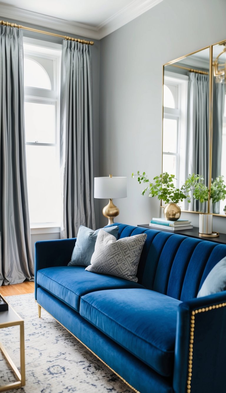 A navy blue velvet sofa sits in a living room with silvery-gray curtains and gold accents