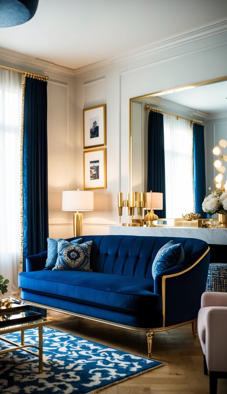 A navy blue velvet sofa sits in a glamorous living room adorned with gold accents