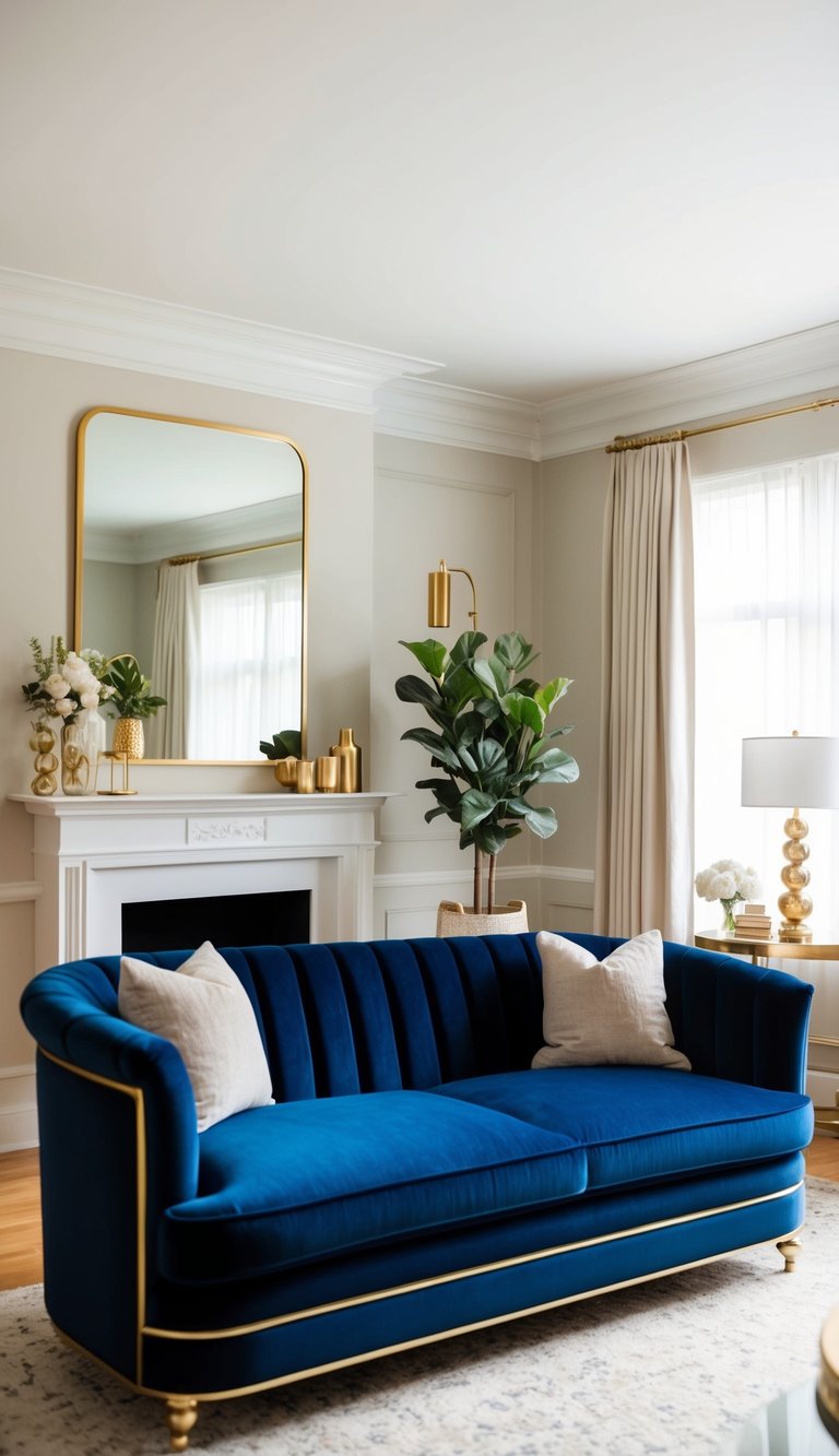 A luxurious navy blue velvet sofa sits in a gold-accented living room, with elegant decor and Pinterest-worthy style