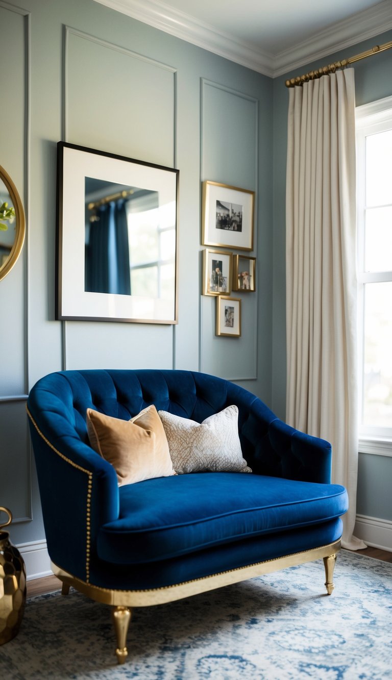 A navy blue velvet love seat with gold accents sits in a cozy home office, adding a touch of luxury to the room