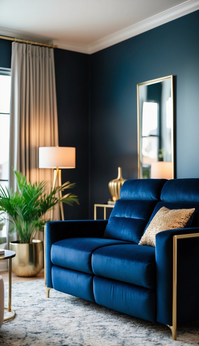 A navy blue and gold velvet reclining sofa in a modern living room