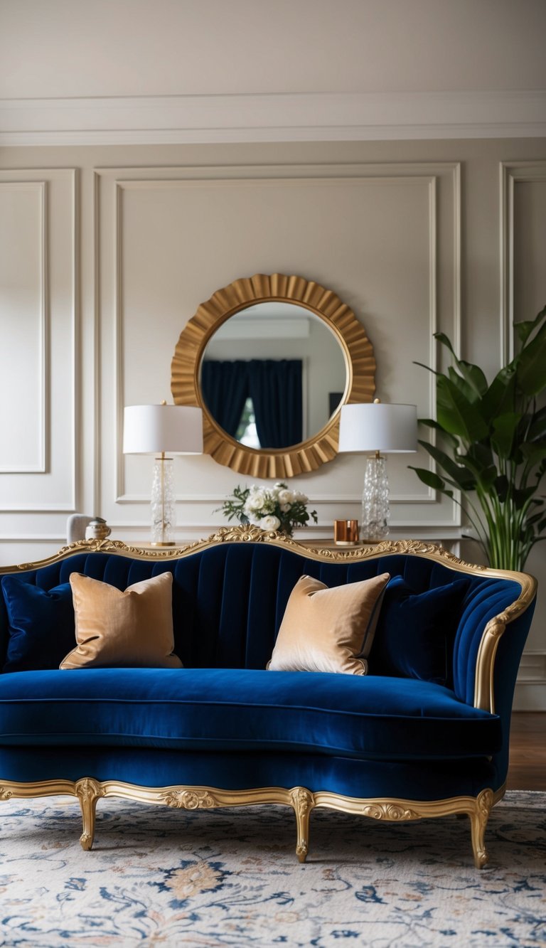 A navy blue and gold velvet sofa set in a sophisticated living room