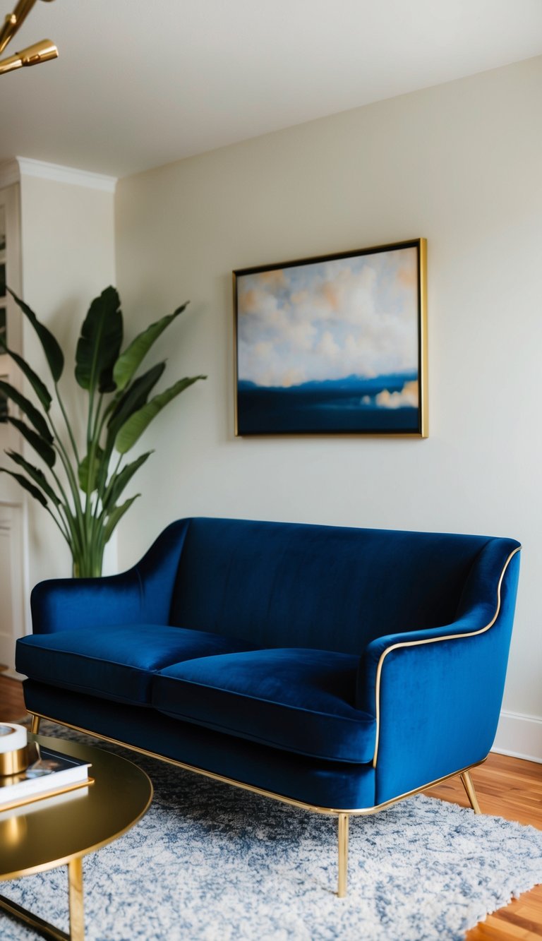 A navy blue velvet sofa with gold accents sits in a mid-century modern living room