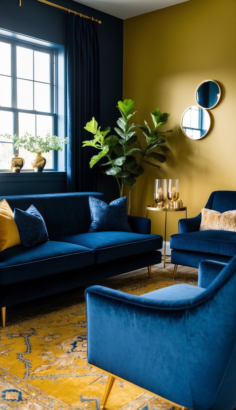 A luxurious navy blue velvet sofa sits in a mustard and navy living room, accented with gold decor