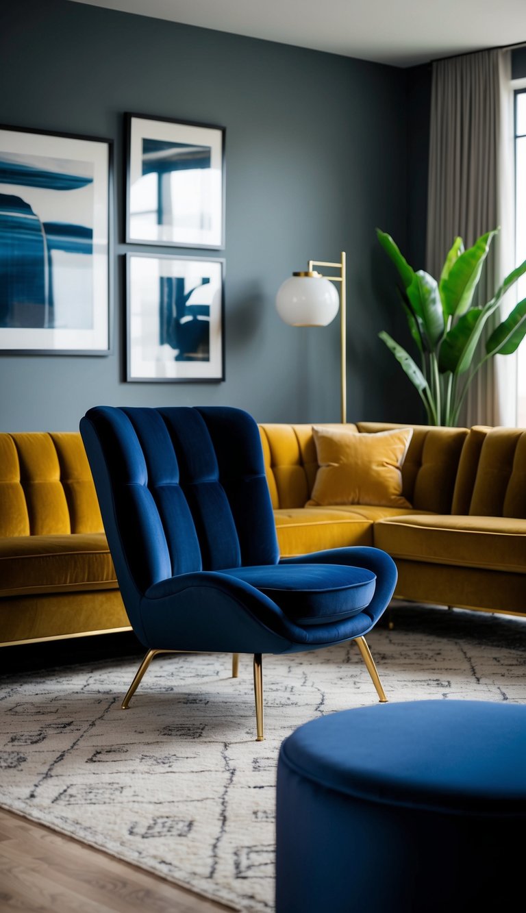 A navy blue velvet lounge chair sits in a contemporary living room, complemented by a gold velvet sofa