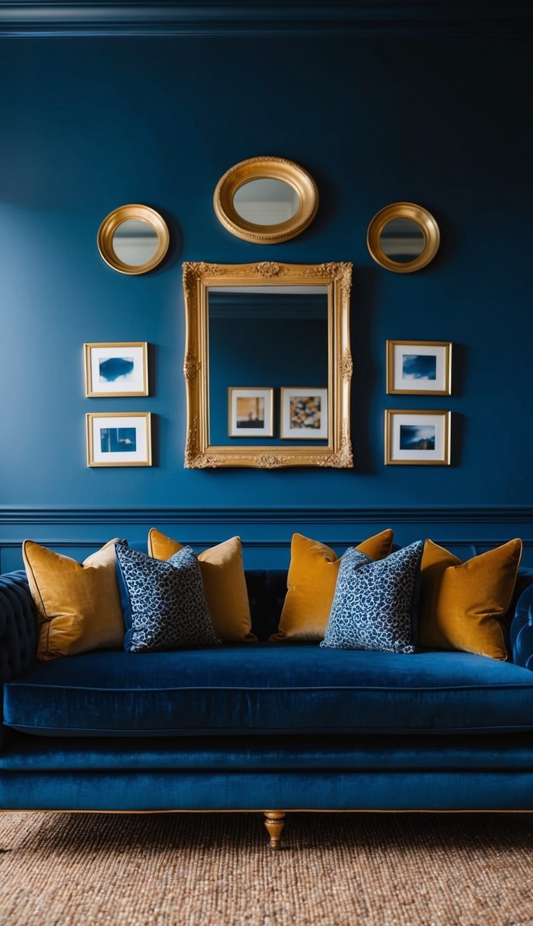 A luxurious navy blue and gold living room with a plush velvet sofa