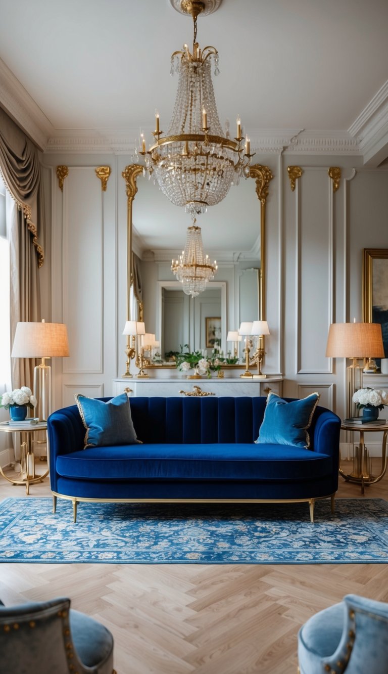 A navy blue velvet sofa sits in a luxurious living room, adorned with gold accents and paired with elegant decor