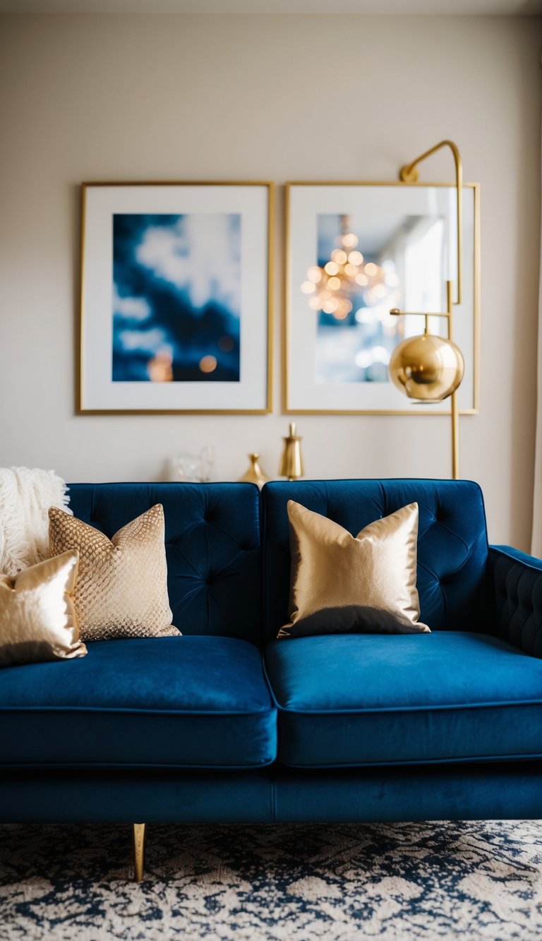 A navy blue velvet sofa with gold accessories in a living room