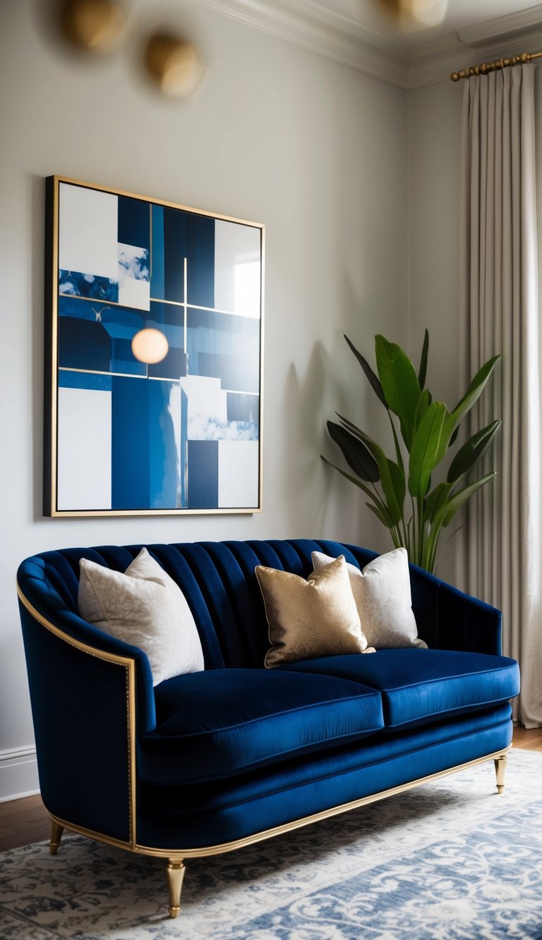 A luxurious navy blue velvet sofa with gold accents sits in an art-inspired living room arrangement