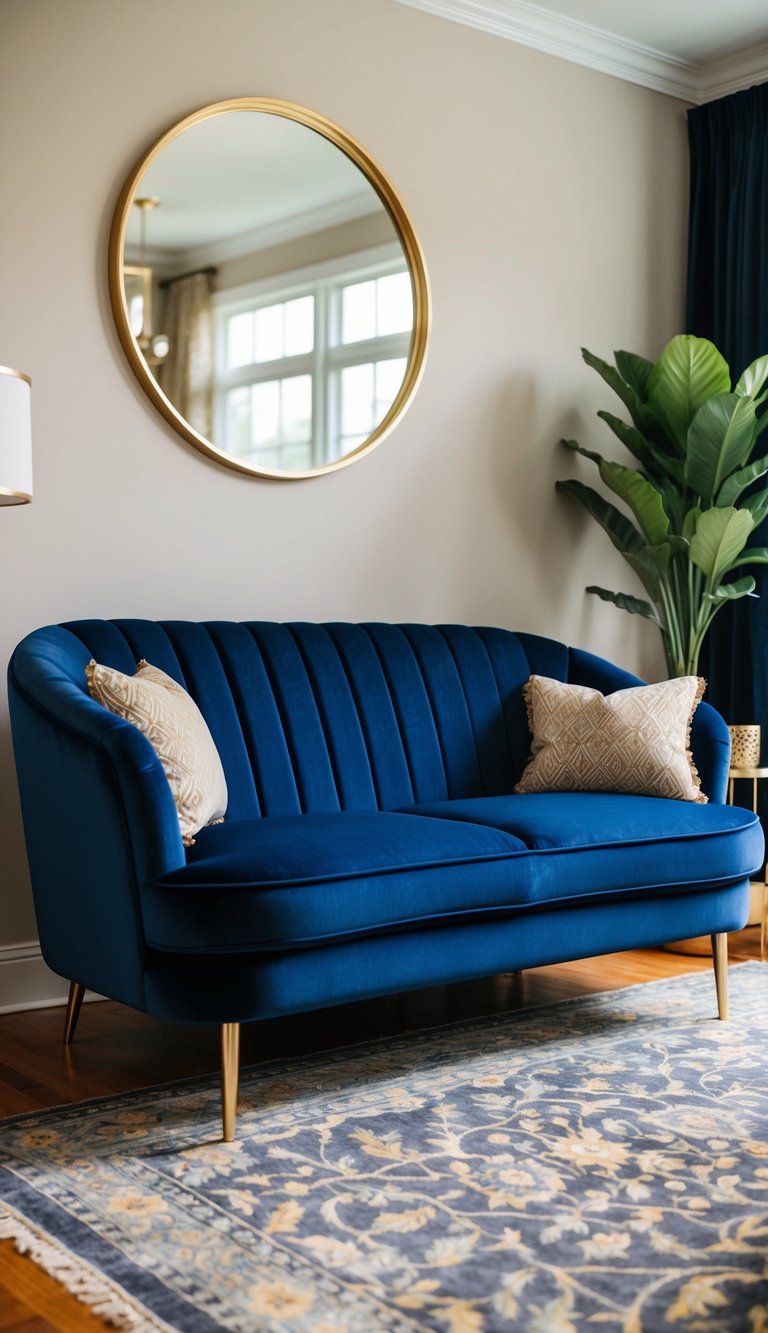 A navy blue velvet sofa sits in a gold-accented living room