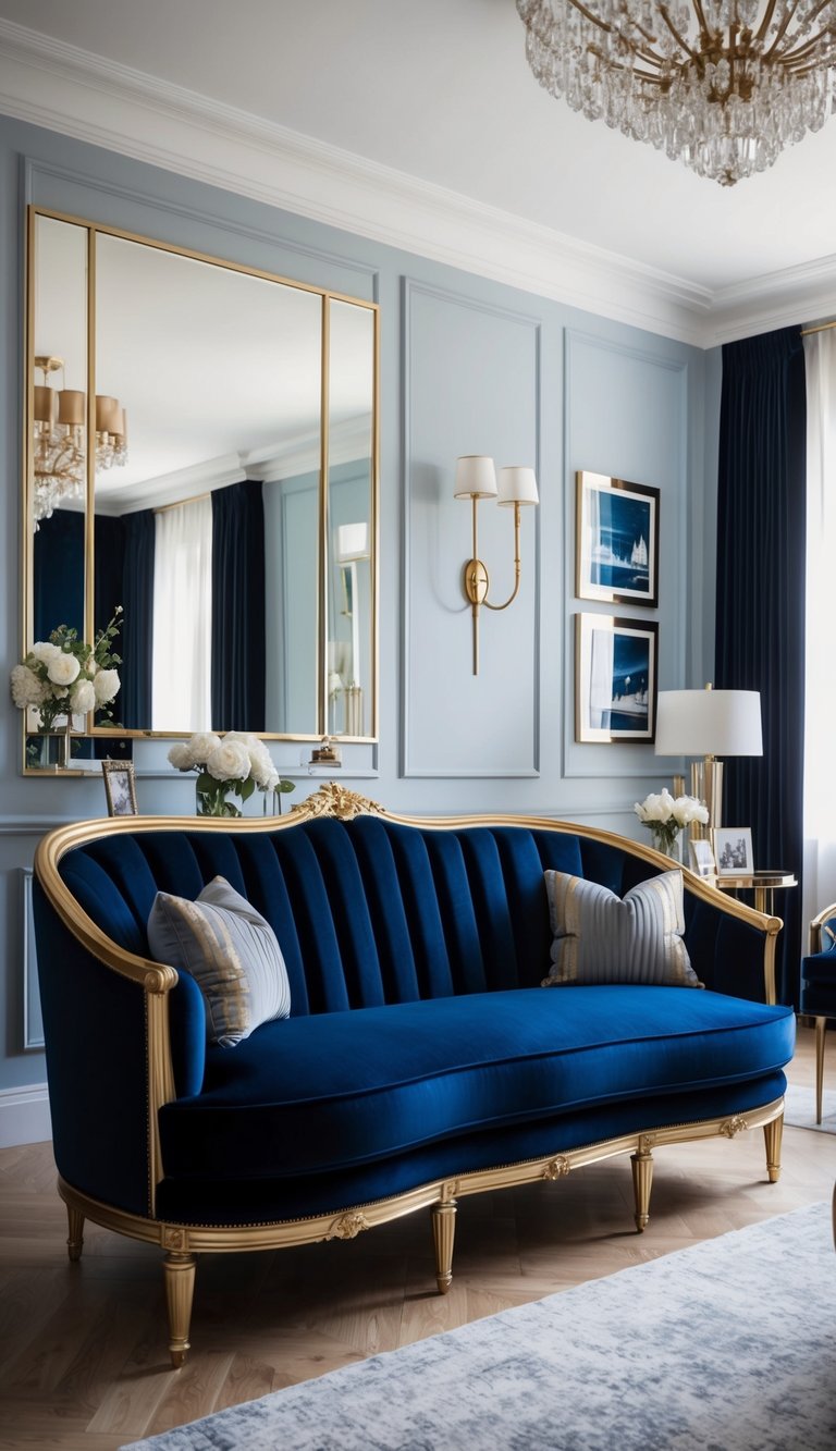 A luxurious navy blue velvet sofa with gold accents sits in an elegant living room, creating a sophisticated and inviting atmosphere