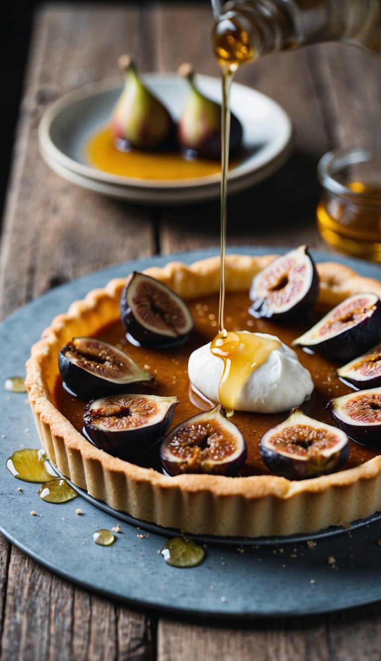 A golden-brown tart sits on a rustic wooden table, adorned with caramelized figs and a dollop of creamy mascarpone. A drizzle of honey glistens on top, adding a touch of sweetness to the decadent dessert