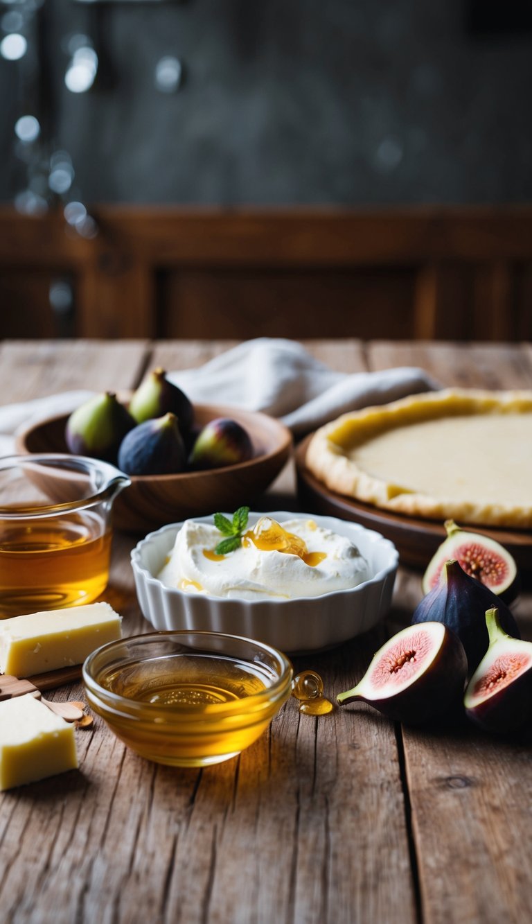 A rustic kitchen scene with a wooden table set with ingredients for a fig and mascarpone tart, including fresh figs, mascarpone cheese, honey, and a rolled-out pastry dough