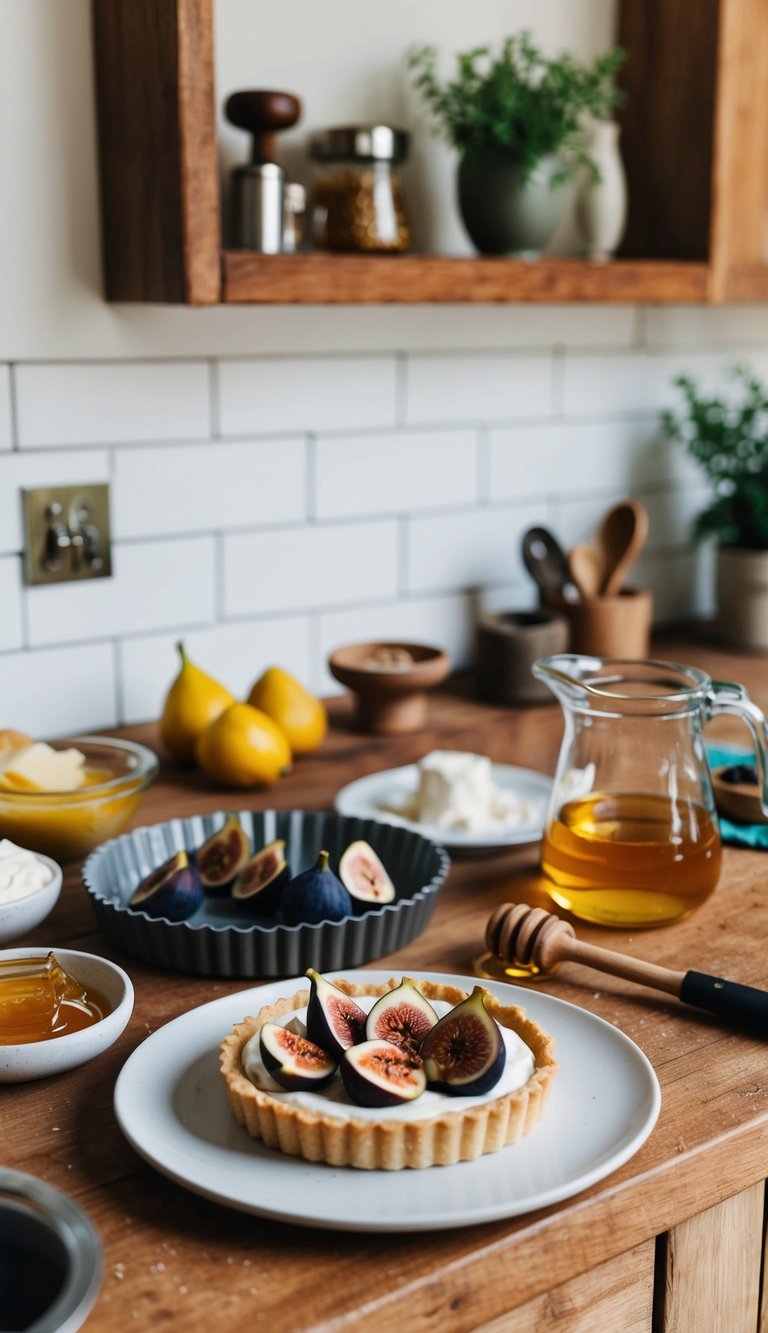 A rustic kitchen counter with ingredients and utensils for making a caramelized fig and mascarpone tart, including figs, mascarpone cheese, honey, and a tart pan