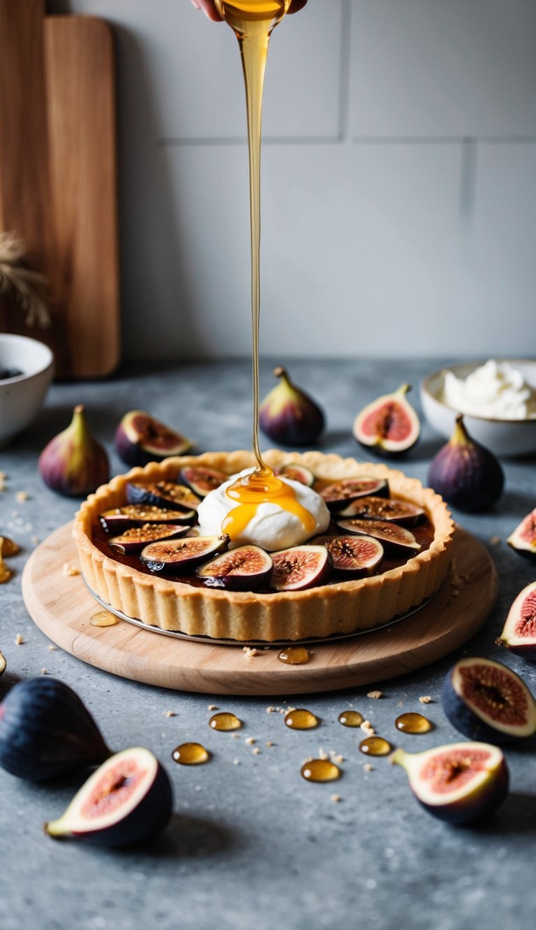 A rustic kitchen counter with a freshly baked caramelized fig and mascarpone tart drizzled with honey, surrounded by scattered figs and a dollop of mascarpone