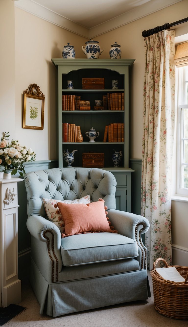 A cozy corner with a plush armchair, surrounded by charming English country decor, perfect for a relaxing reading nook