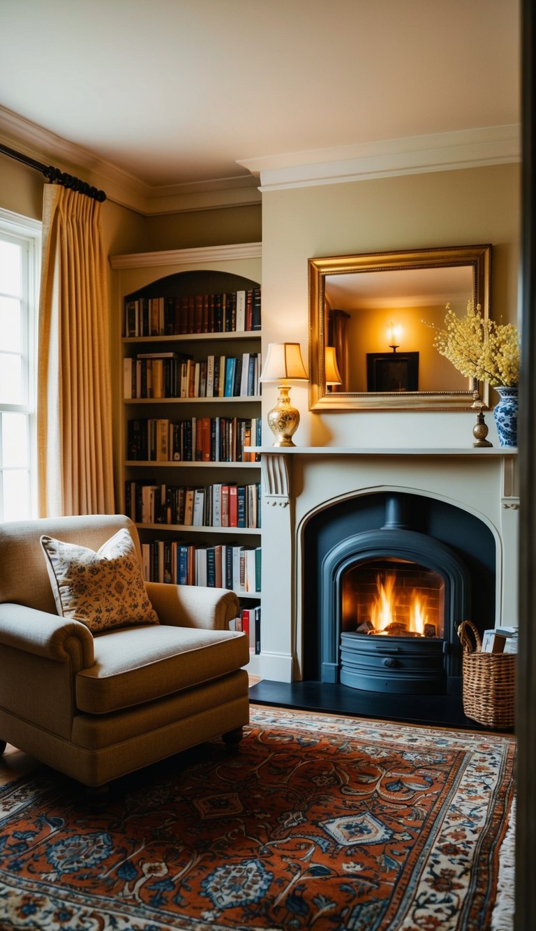 Cozy room with an armchair, bookshelf, patterned rug, and fireplace. Mirror and lamp on mantel. Soft lighting enhances warm ambiance.