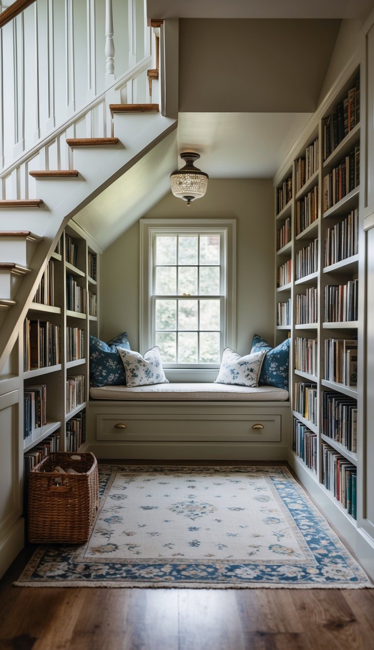 Cozy reading nook under staircase, featuring built-in bookshelves, a window seat with floral cushions, soft lighting, and a patterned rug.