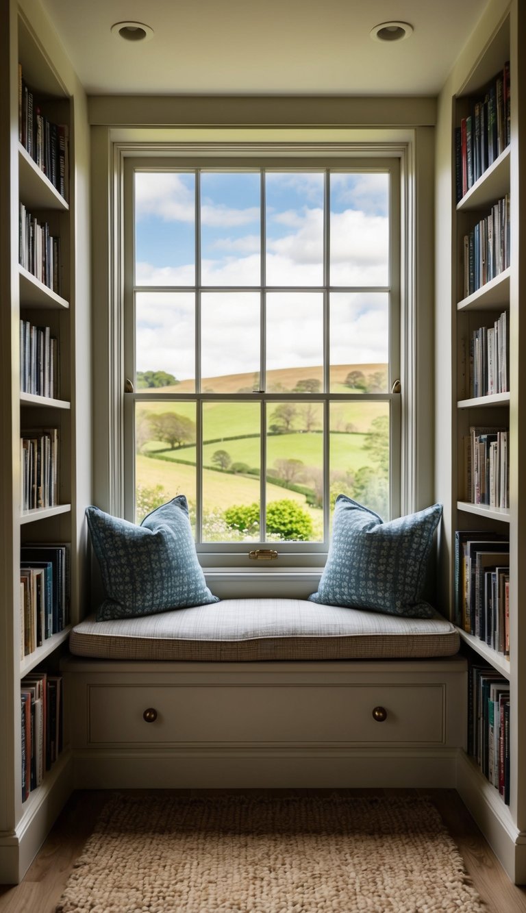 A cozy window seat in an English country cottage, surrounded by shelves of books and a view of rolling green hills