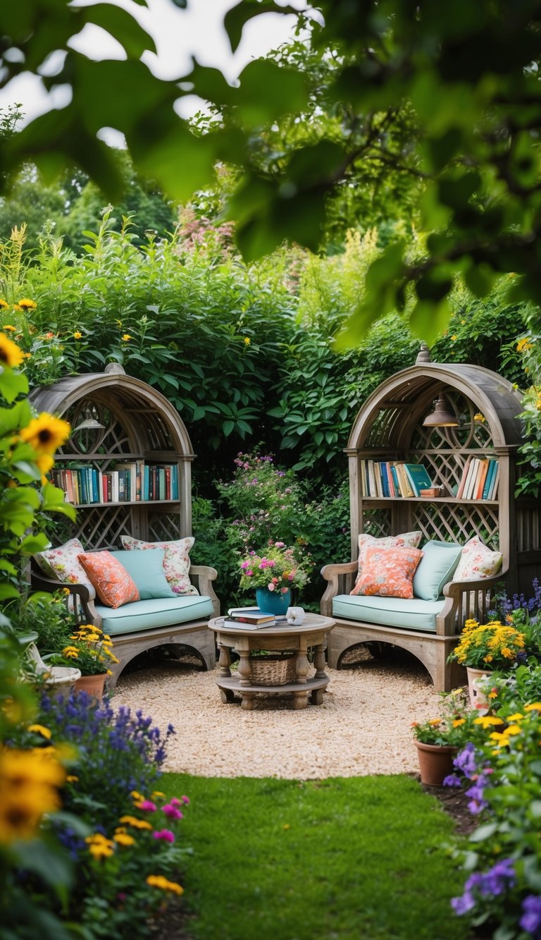 Cozy garden with two wooden seats under bookshelves, vibrant flowers, and plush cushions surrounding a small round table with books.