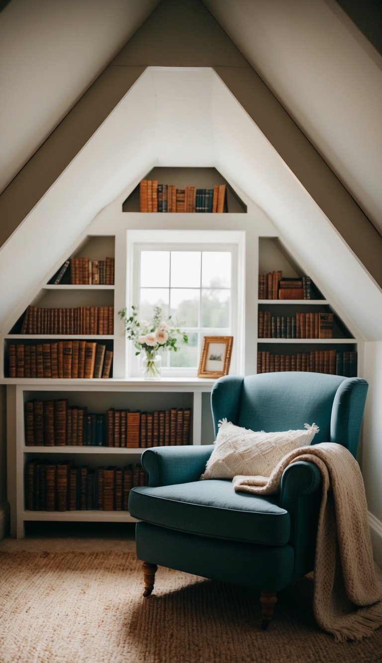 A cozy attic nook with a comfortable armchair, soft throw blanket, and a small bookshelf filled with charming English country reads