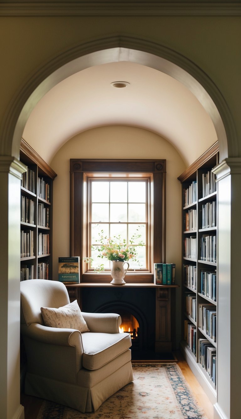 A cozy, charming English country reading nook nestled in a library alcove, complete with a plush armchair, a warm fireplace, and shelves of books