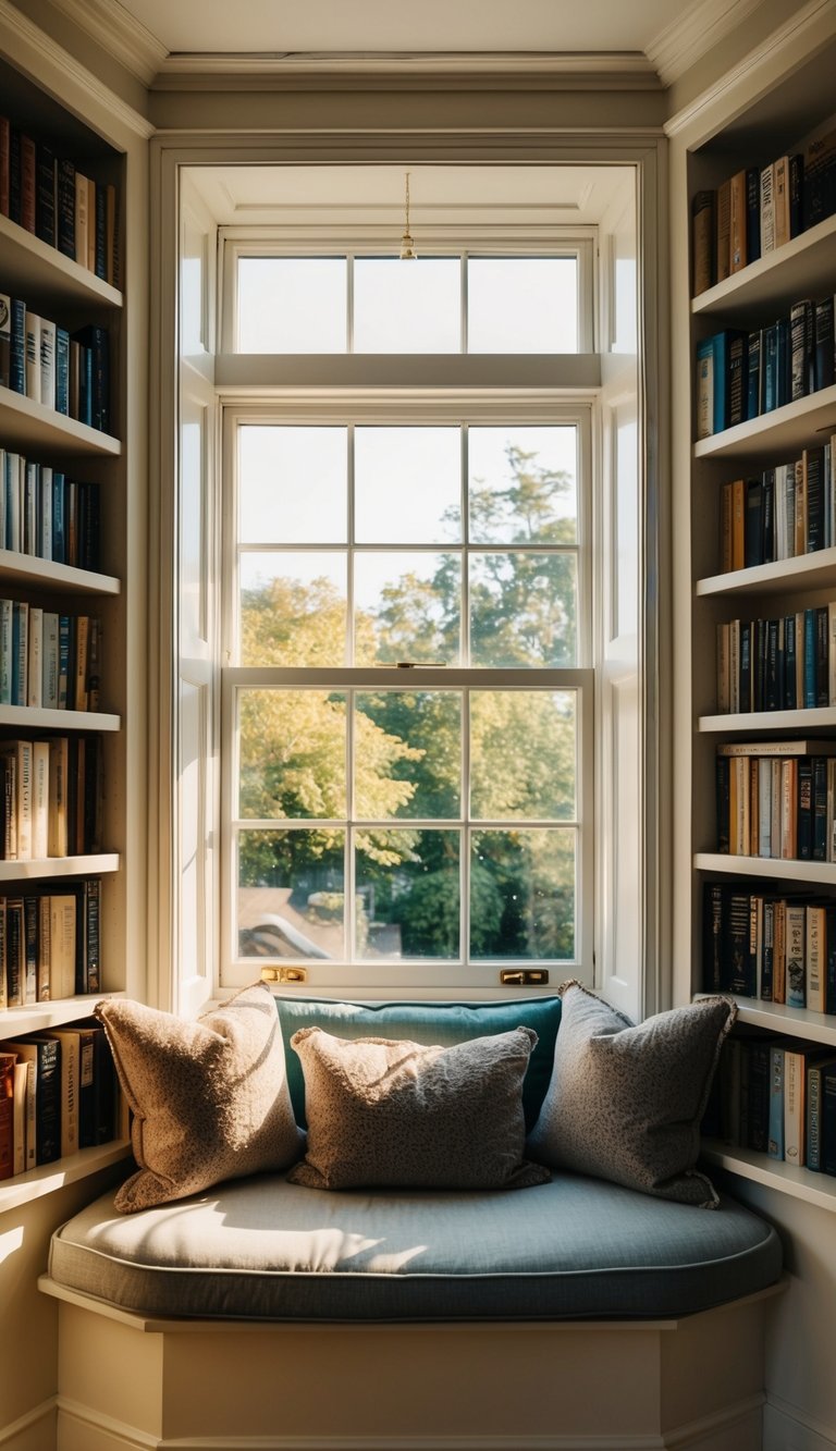 Cozy reading nook with window seat and cushions, surrounded by bookshelves. Sunlight filters through the window, revealing a peaceful outdoor view.