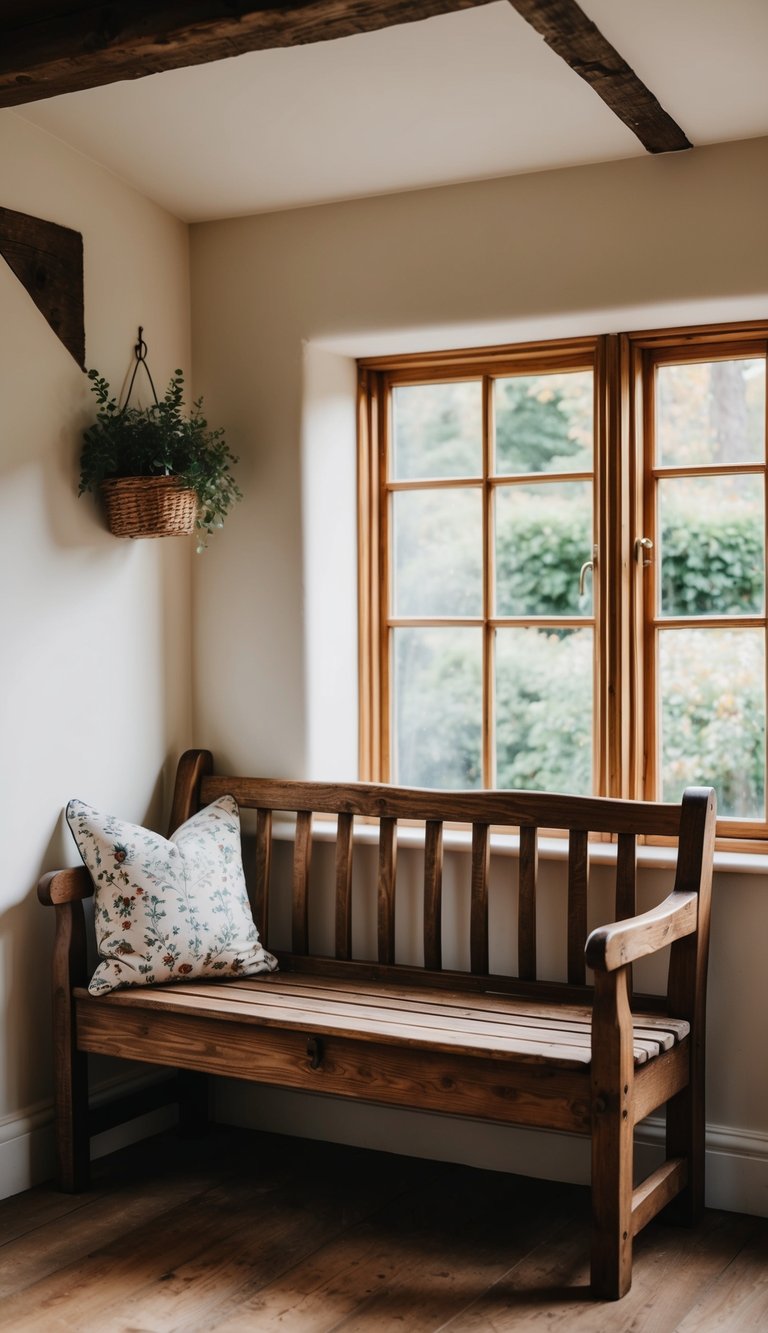 A rustic wooden bench nestled in a charming English country reading nook