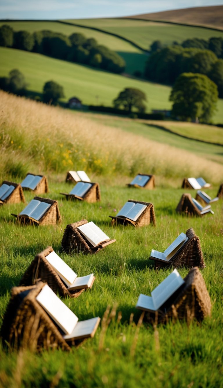 Open books set on wicker stands dot a lush, rolling hillside. The background features expansive fields and distant trees under a clear sky.
