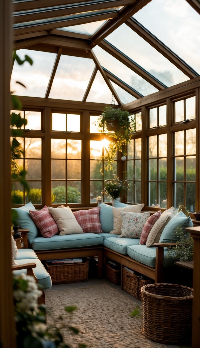 A conservatory filled with cozy reading nooks, adorned with English country charm. Warm light filters through the windows, casting a peaceful atmosphere