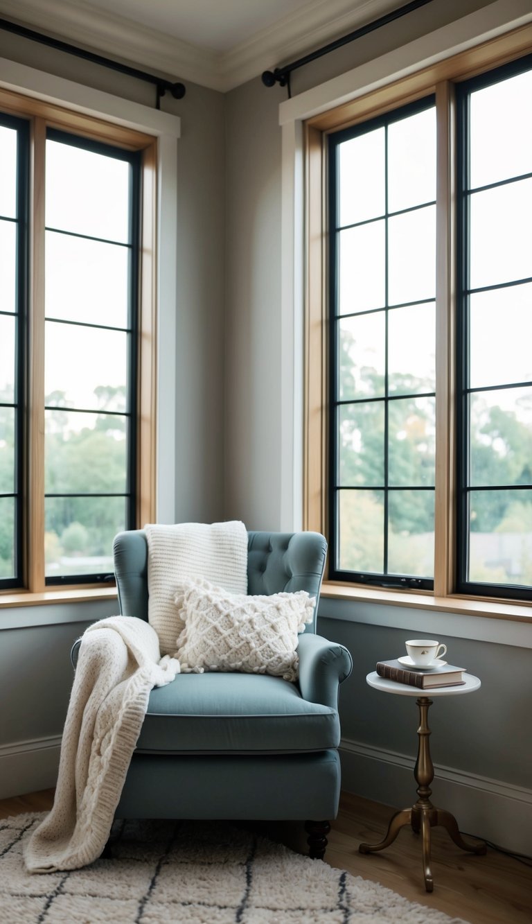 Cozy corner with a blue armchair and white knitted throw, beside a small table holding a teacup and books, near large windows.