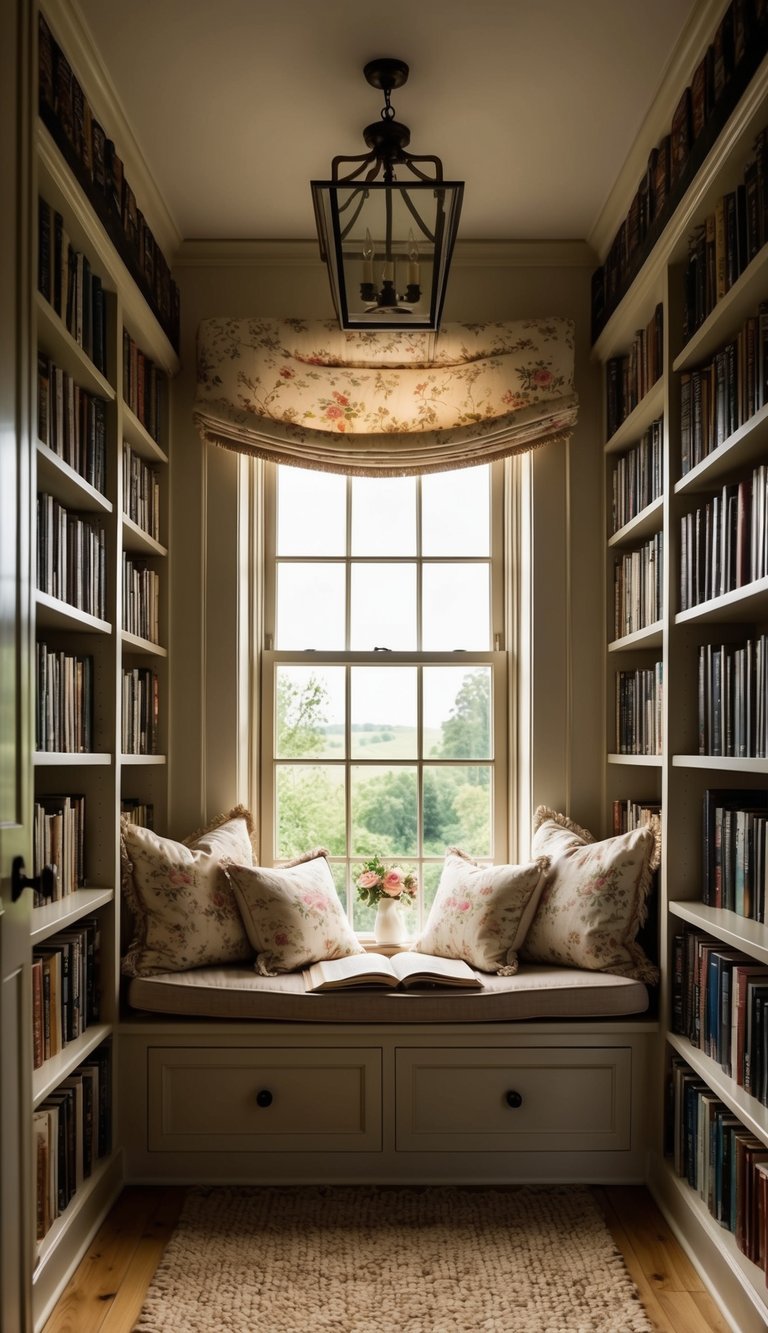 Cozy reading nook with floral pillows, bookshelves, and a window overlooking greenery. Soft lighting enhances the inviting, serene atmosphere for reading.