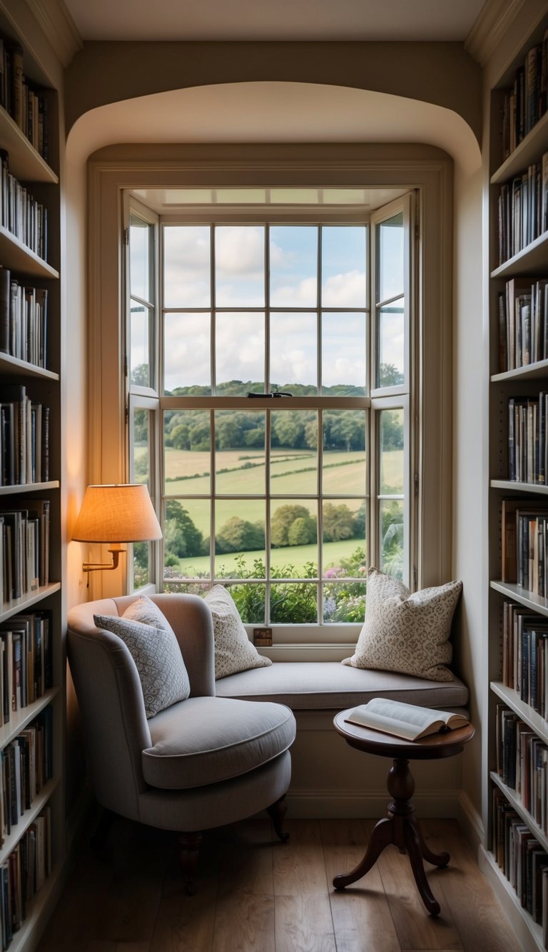 Cozy reading nook with a large window, comfortable chair, bookshelves, and a table with an open book, overlooking a scenic countryside landscape.