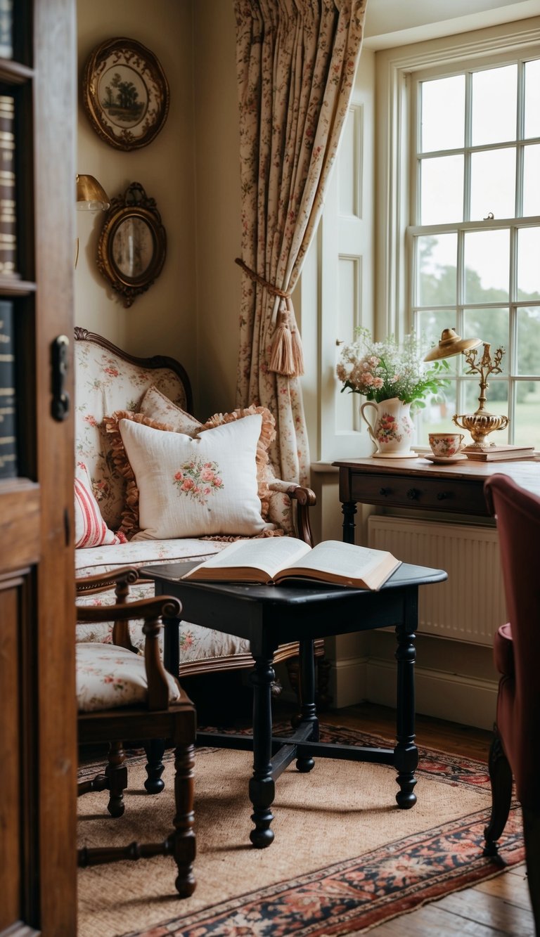 A cozy English country reading nook with antique furniture and charming decor