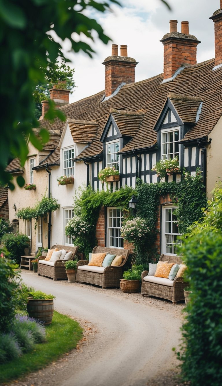 Charming English village street with ivy-covered cottages, rustic wicker furniture, vibrant flower baskets, and lush greenery along a winding pathway under an overcast sky.