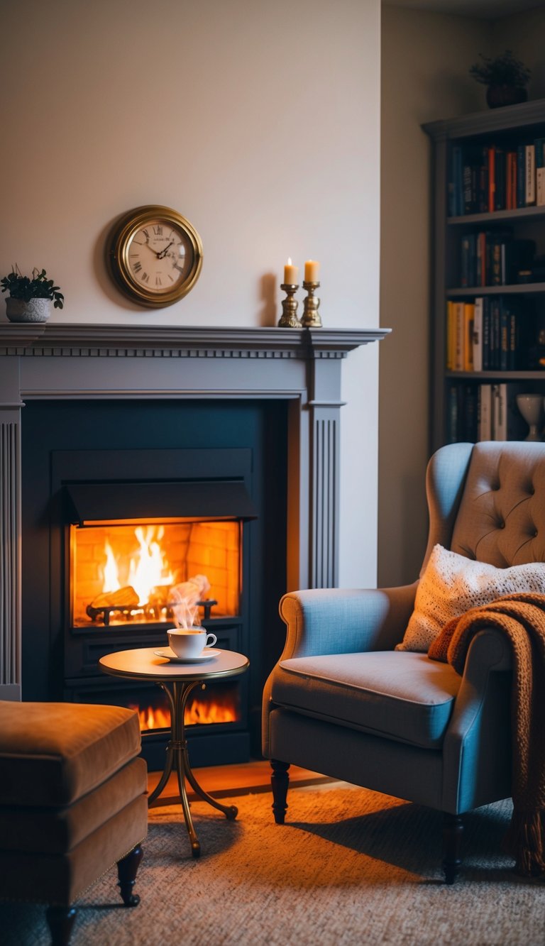 Cozy living room features a fireplace, armchair, and bookshelves. A steaming cup sits on a small table, creating a warm atmosphere.