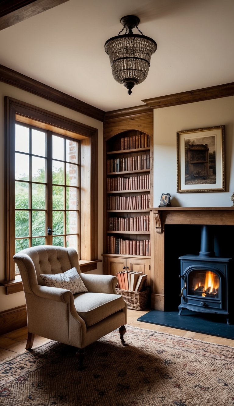 A cozy English country reading nook with heritage-inspired design, featuring a quaint armchair, a vintage bookshelf, and a warm fireplace