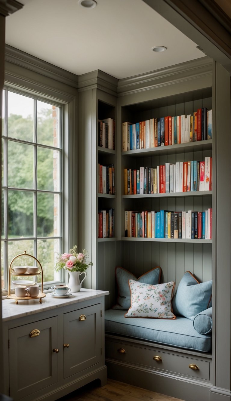 A cozy reading nook with bookshelves, soft pillows, tea set, and flowers by a large window. Warm, inviting atmosphere in neutral tones.