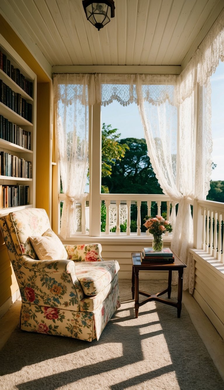 A cozy veranda nook with a floral armchair, small table, and a bookshelf filled with novels. Sunlight filters through the lace curtains