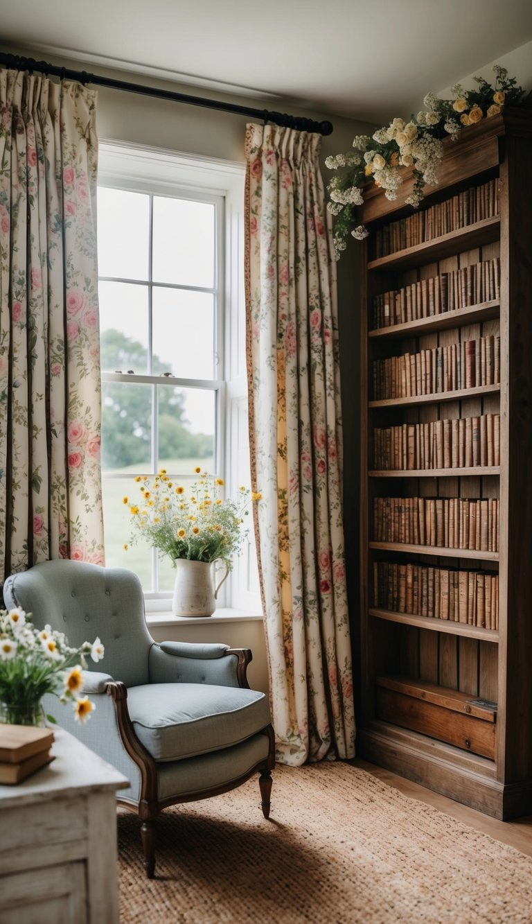 Cozy room with a floral-curtained window, elegant armchair, bookshelf filled with books, and daisies in a vase on a rustic table.