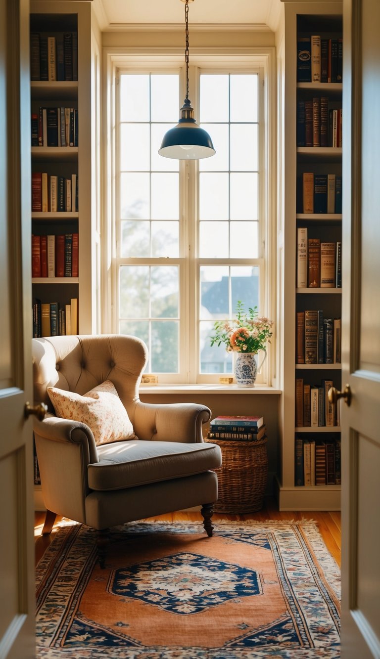 A cozy, sunlit reading nook with a plush armchair, a vintage English rug, and a small bookshelf filled with well-loved novels