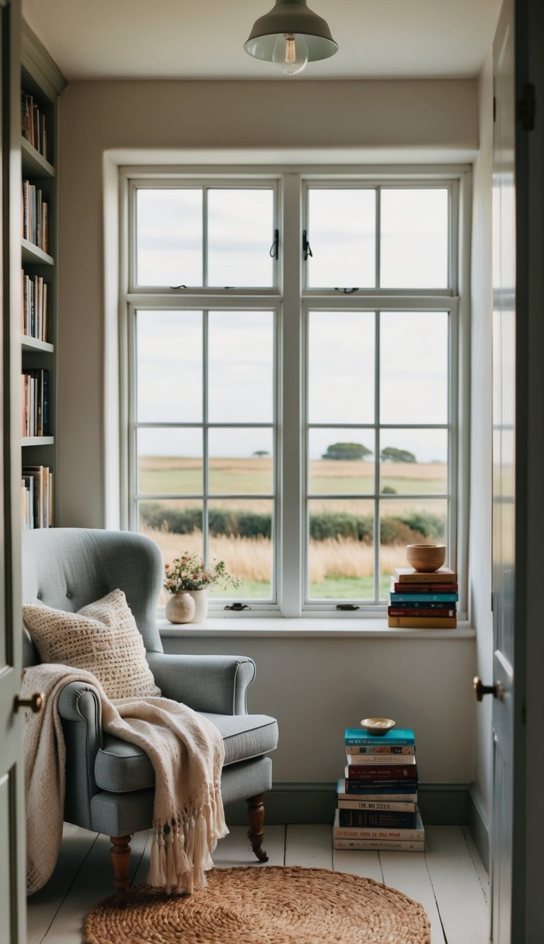 A cozy seaside cottage with a rustic reading nook, complete with a comfy armchair, soft throw blanket, and a stack of books by the window overlooking the serene English countryside