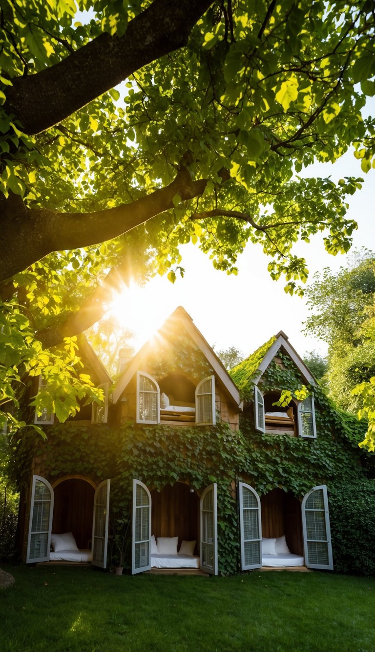 Sunlight filters through the lush green leaves, illuminating 57 cozy reading nooks nestled under the charming English country treehouse canopy