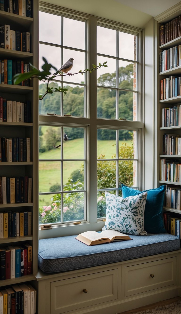 A cozy reading nook with a window seat overlooking a lush English countryside, surrounded by shelves of books and filled with the sound of birdsong
