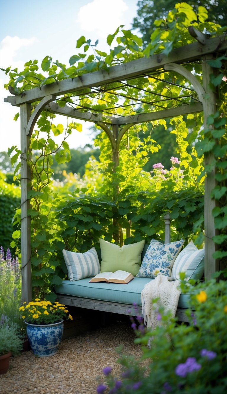 A cozy garden nook with a cushioned bench, open book, surrounded by lush greenery and flowering plants under a wooden pergola.