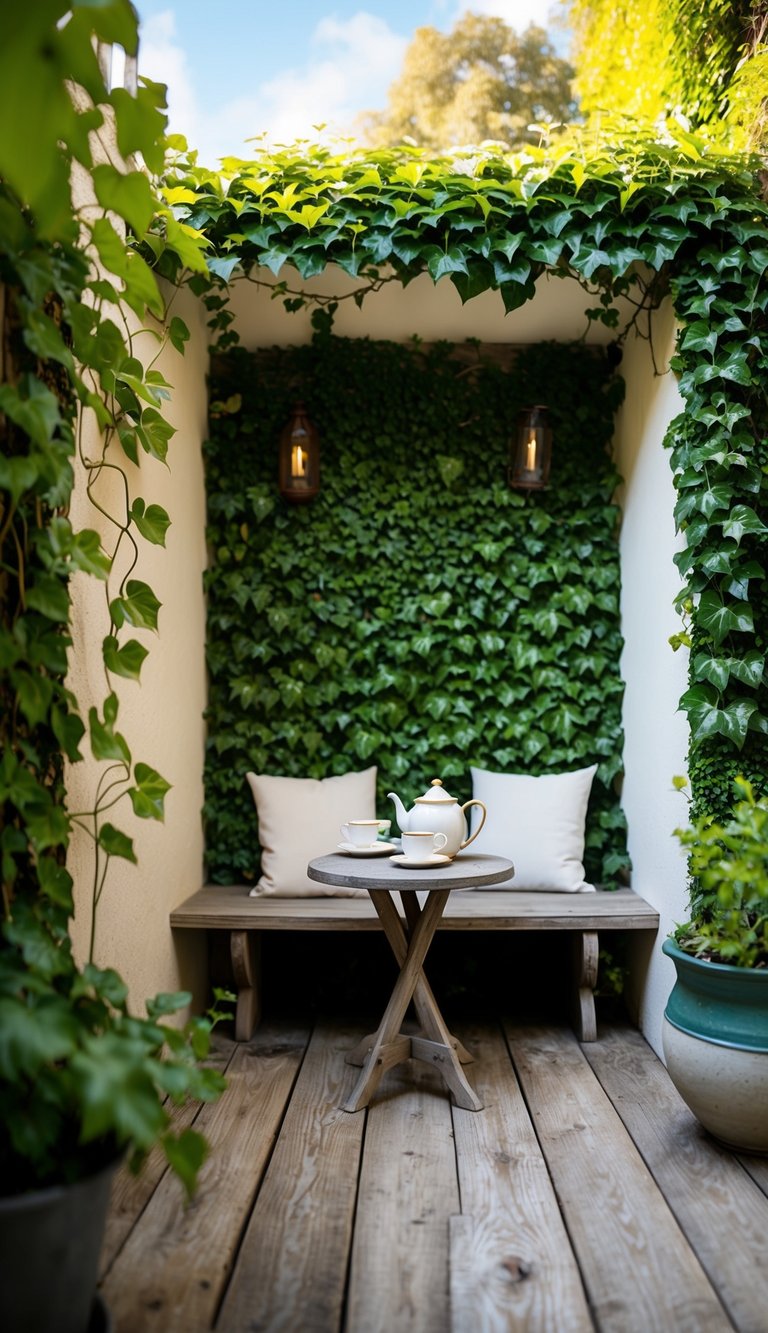 A cozy outdoor alcove with ivy-covered walls, a rustic wooden bench, and a small table topped with a teapot and cups