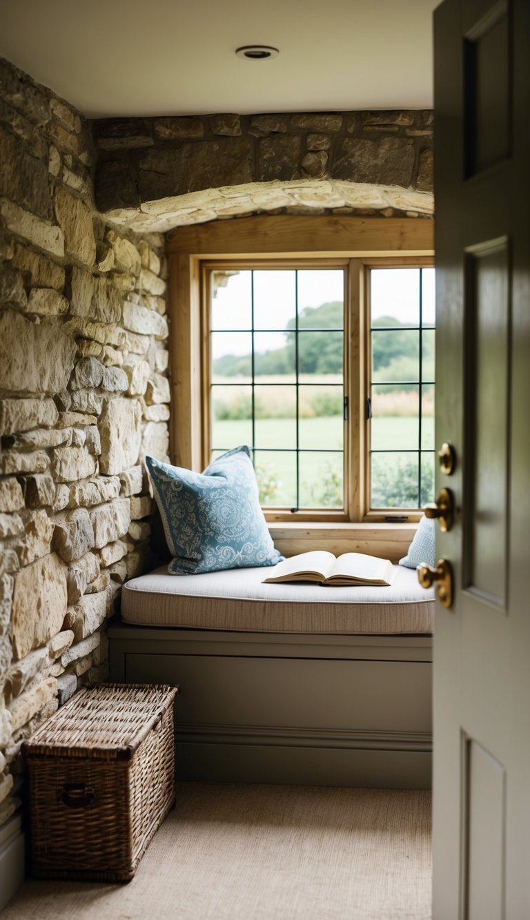 Cozy stone-walled nook with a cushioned window seat, pillows, and an open book. Outside, lush greenery enhances the serene atmosphere.